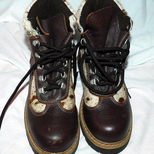 Martino of Canada Brown Leather Hiking Boots Size 8 Faux Cow Print Lace Up